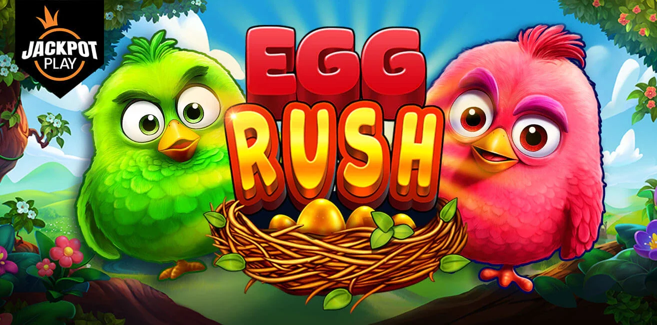 Egg Rush jackpot game banner with two birds and a golden nest