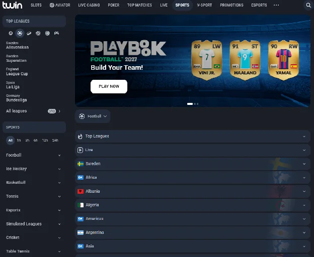 Twin sportsbook with top leagues and the football market list