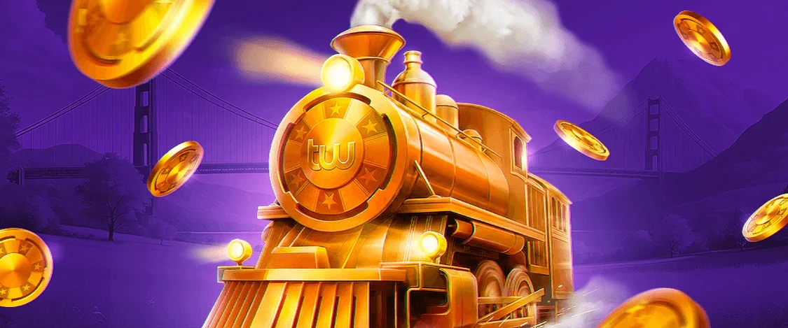 Golden express train racing through falling coins
